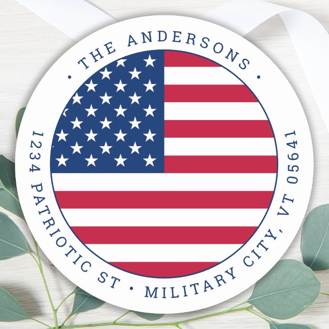 American Flag Personalise Patriotic Return Address Classic Round Sticker (Creator Uploaded)