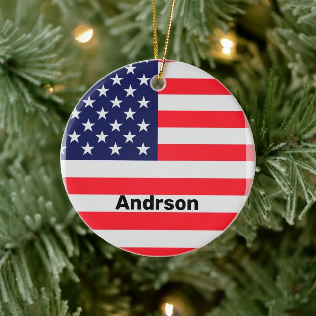 American Flag Personalised Patriotic Stars Stripes Ceramic Tree Decoration (Tree)
