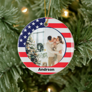American Flag Personalized Patriotic Stars Stripes Ceramic Tree Decoration