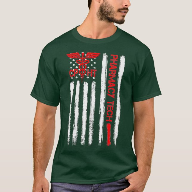 American Flag Pharmacy Technician CPhT Tech Gift T-Shirt (Front)