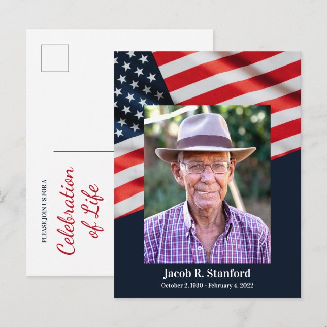 American Flag Photo Celebration of Life Memorial Postcard (Front/Back)