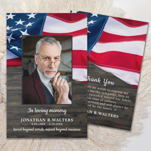 American Flag Photo Memorial Military Funeral Thank You Card (Creator Uploaded)