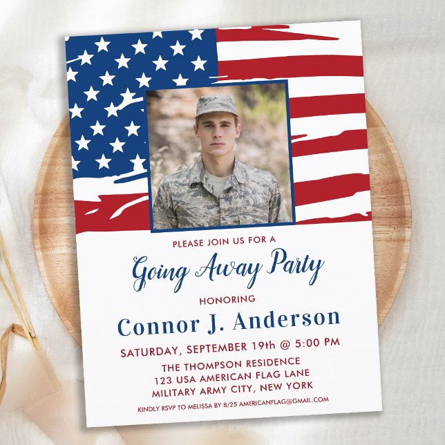 American Flag Photo Military Going Away Party  Invitation Postcard (Creator Uploaded)