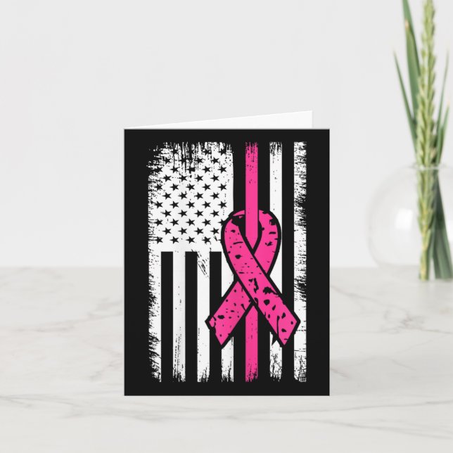 American Flag Pink Ribbon Breast Cancer Awareness  Card (Front)