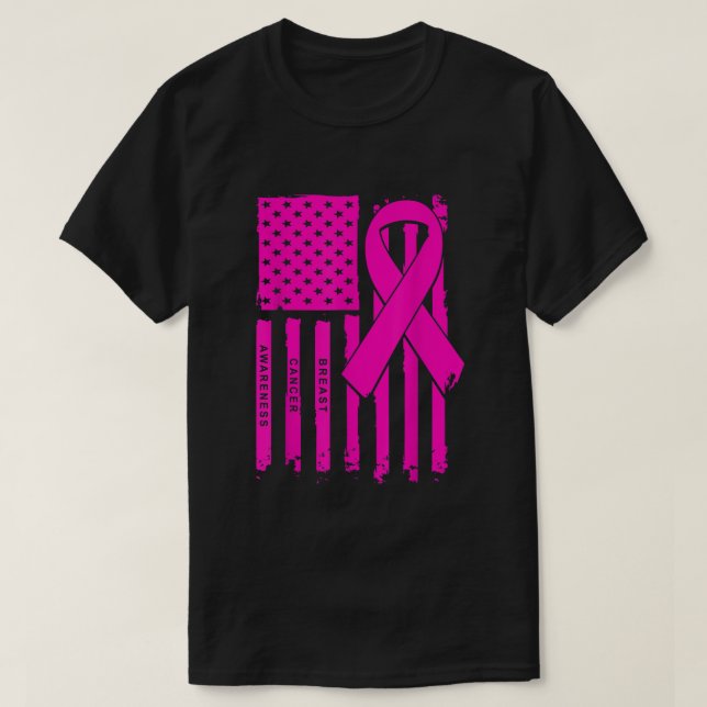 American Flag Pink Ribbon Breast Cancer Awareness  T-Shirt (Design Front)