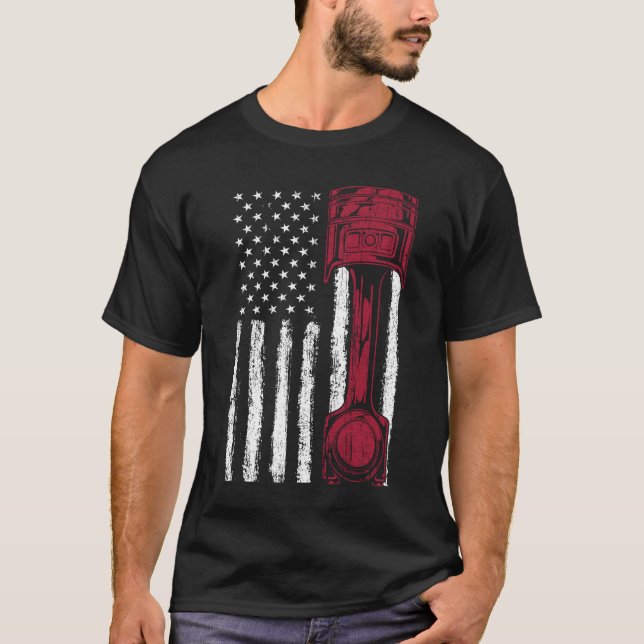 American Flag Piston Muscle Car T-Shirt (Front)