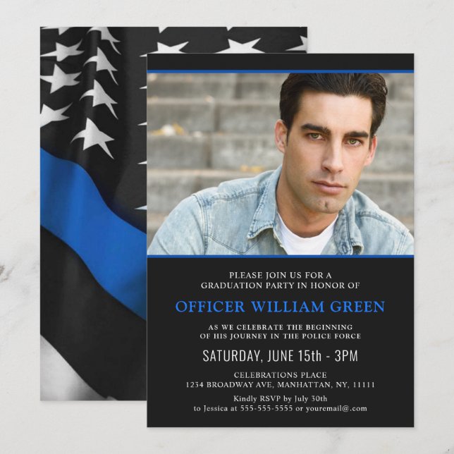 American Flag Police PHOTO Graduation Party Event Invitation (Front/Back)
