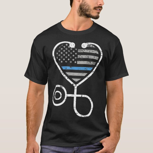 American Flag Police Thin Blue Line Heart Nurse T-Shirt (Front)