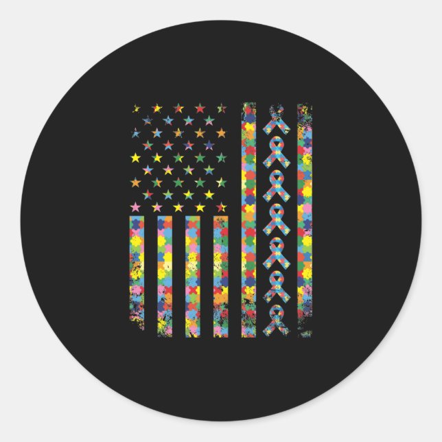 American Flag Puzzle Piece Ribbon Cool Autism Awar Classic Round Sticker (Front)