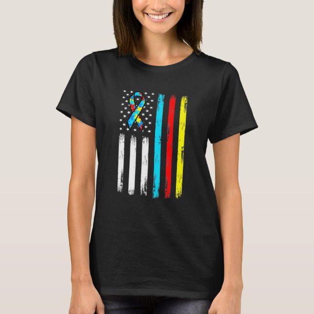 American Flag Puzzle Piece Ribbon Cool Autism Awar T-Shirt (Front)