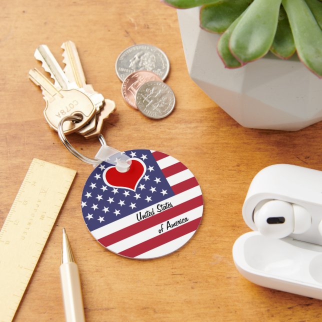 American Flag & Red Heart, Love USA / America Key Ring (Desk)
