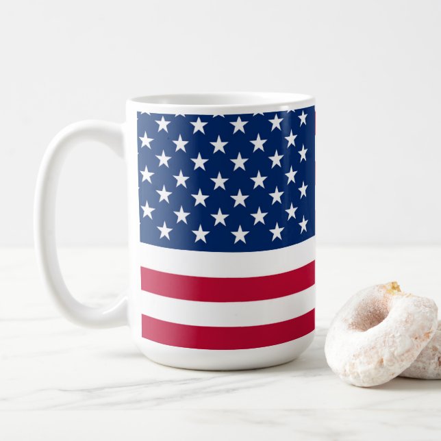 American Flag Red White and Blue Patriotic Coffee Mug (With Donut)