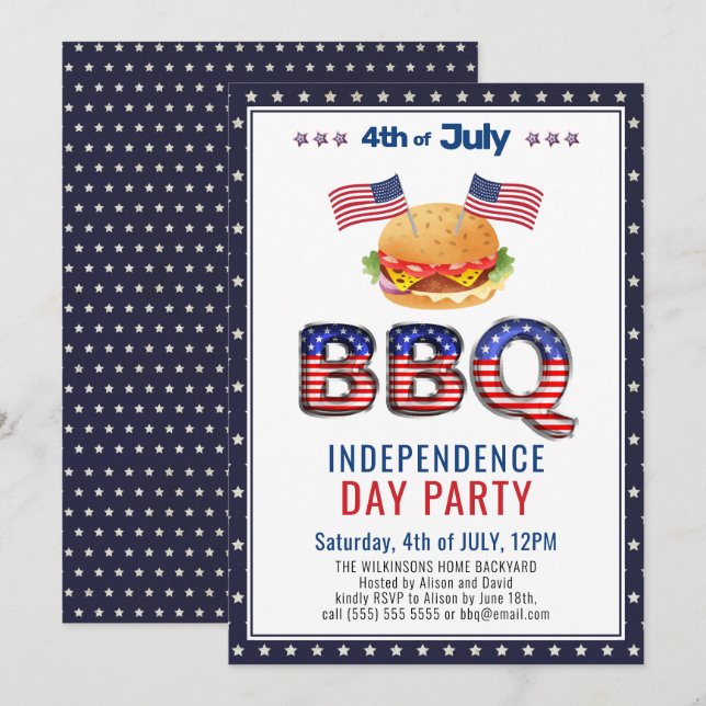 American Flag Red White Blue 4th of JULY BBQ Party Invitation (Front/Back)