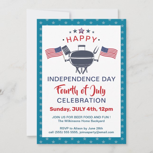 American Flag Red White Blue 4th of JULY BBQ Party Invitation (Front)