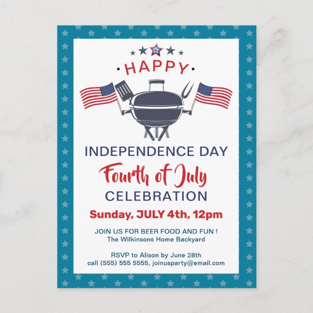 American Flag Red White Blue 4th of JULY BBQ Party Invitation Postcard (Front)