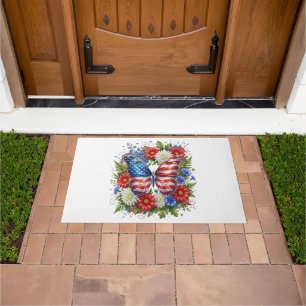 American Flag Red White Blue Butterfly Floral Doormat