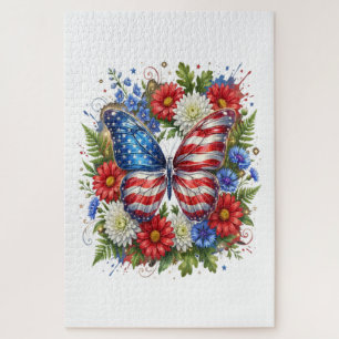 American Flag Red White Blue Butterfly Floral Jigsaw Puzzle