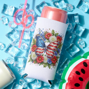 American Flag Red White Blue Butterfly Floral Seltzer Can Cooler