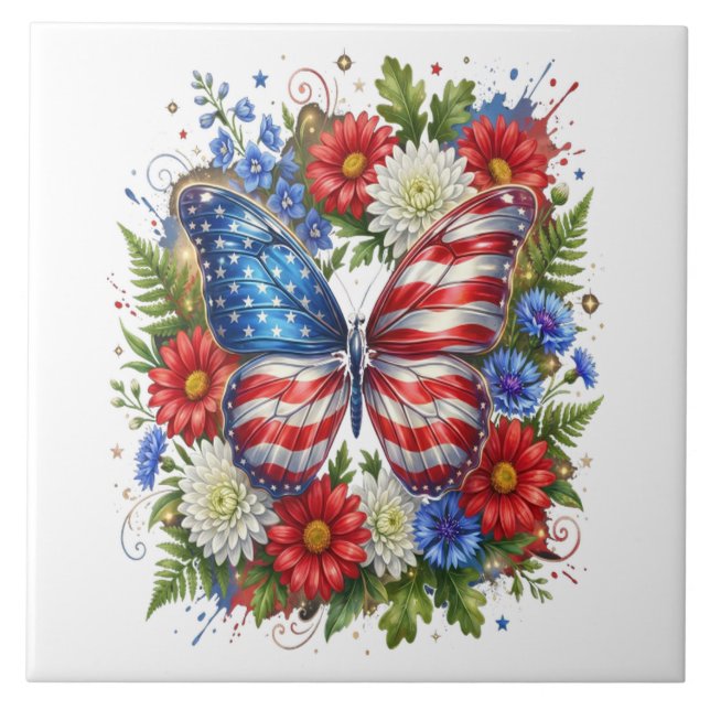 American Flag Red White Blue Butterfly Floral Tile (Front)