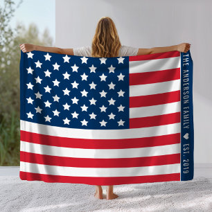 American Flag Red White Blue Custom Monogram Name Fleece Blanket