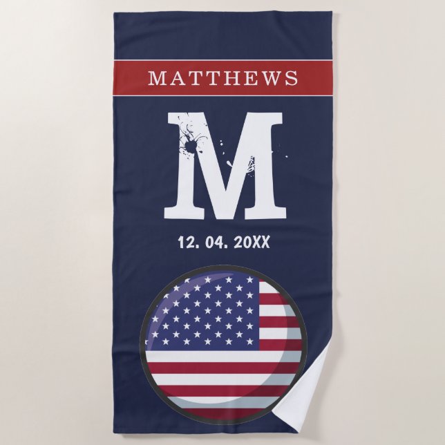 American Flag Red White Blue Patriotic Monogram  B Beach Towel (Front)