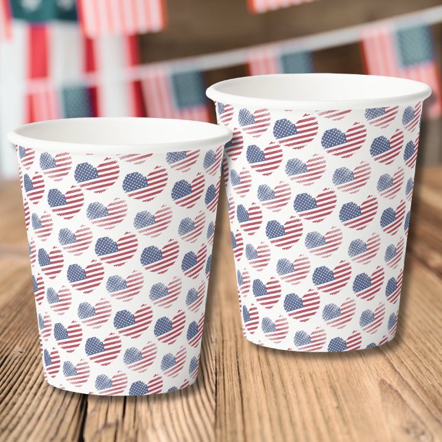 American Flag Red White Blue Patriotic Paper Cups (Cute Patriotic American Flag Rustic Heart Pattern Paper Cups)