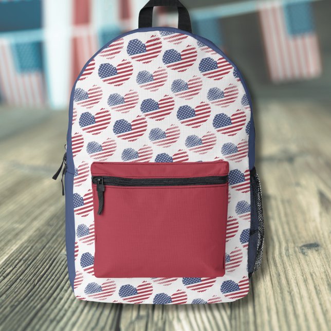 American Flag Red White Blue Patriotic Printed Backpack (Cute Patriotic American Flag Rustic Heart Pattern Printed Backpack)