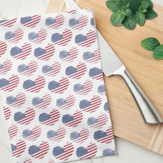 American Flag Red White Blue Patriotic Tea Towel (Cute Patriotic American Flag Rustic Heart Pattern Kitchen Towel)