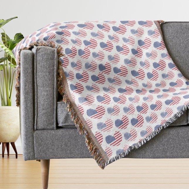 American Flag Red White Blue Patriotic Throw Blanket (Cute Patriotic American Flag Rustic Heart Pattern Throw Blanket)