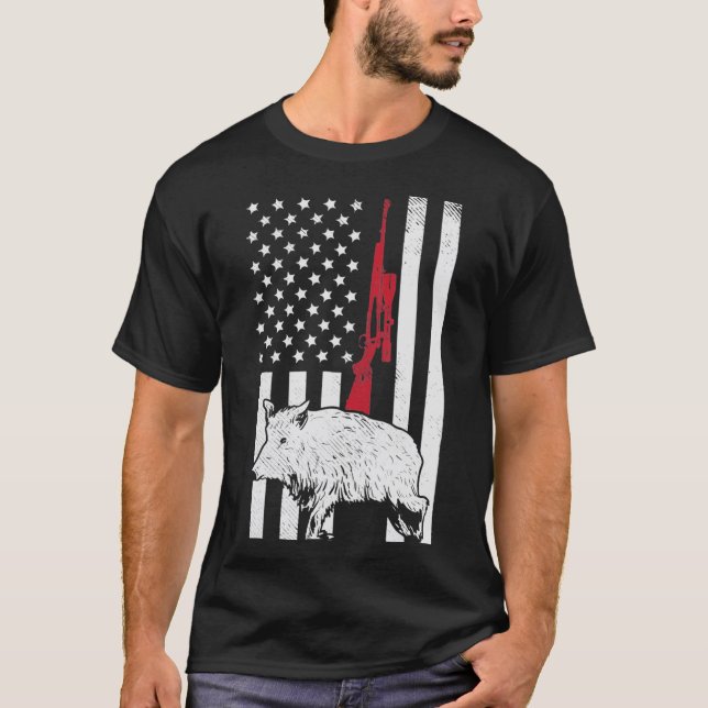 American Flag Rifle Hog Boar Pig Gun Hunting USA H T-Shirt (Front)