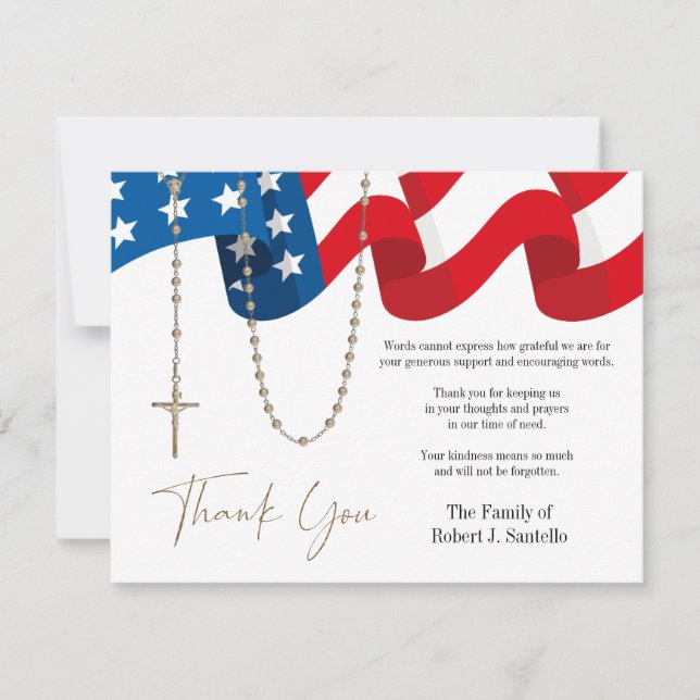 American Flag Rosary Funeral Condolence Sympathy Thank You Card (Front)