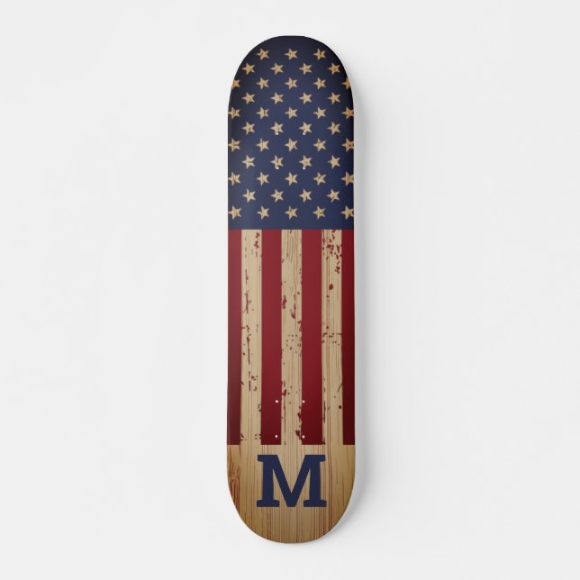 American Flag Rustic Personalised Monogram Skateboard (Front)