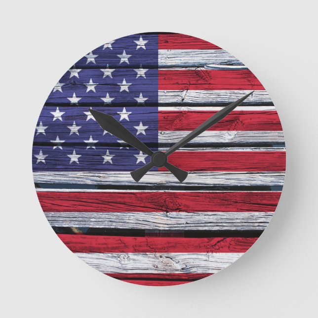 American Flag Rustic Wood Round Clock (Front)