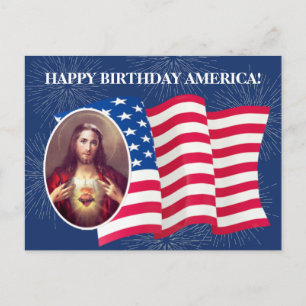 American Flag Sacred Heart of Jesus Fireworks Postcard