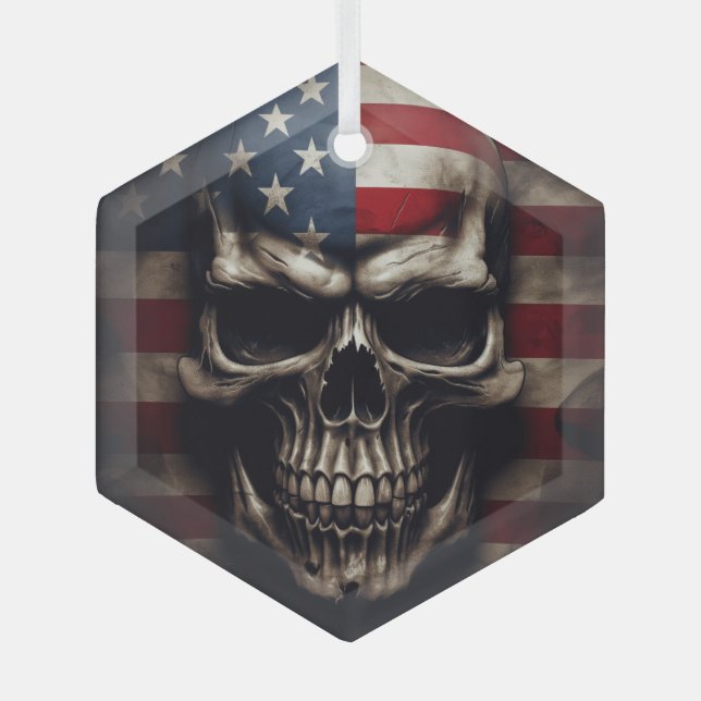 American Flag Skull  Glass Tree Decoration (Front)
