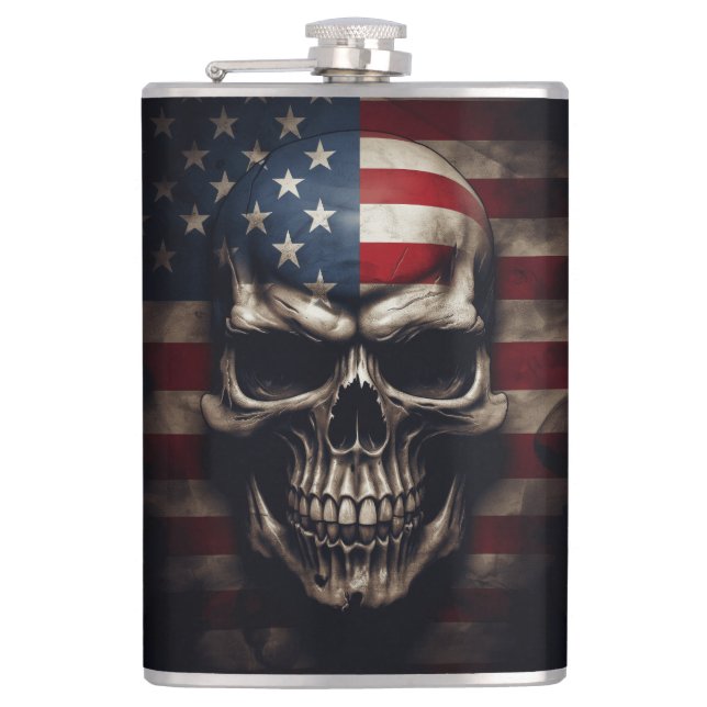 American Flag Skull  Hip Flask (Front)