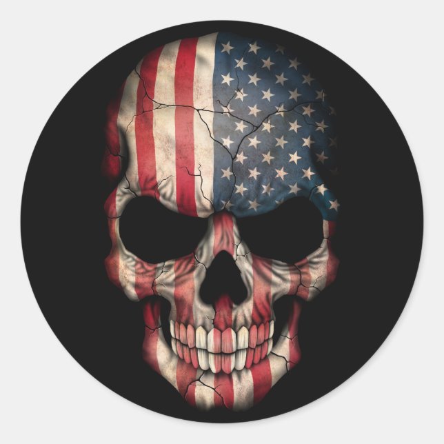 American Flag Skull on Black Classic Round Sticker (Front)