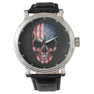 American Flag Skull on Steel Mesh Graphic Watch