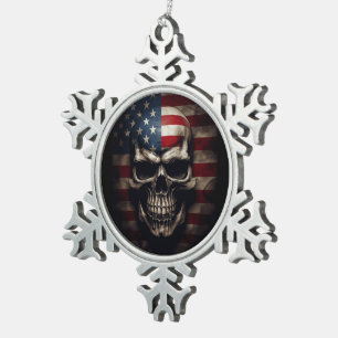 American Flag Skull  Snowflake Pewter Christmas Ornament