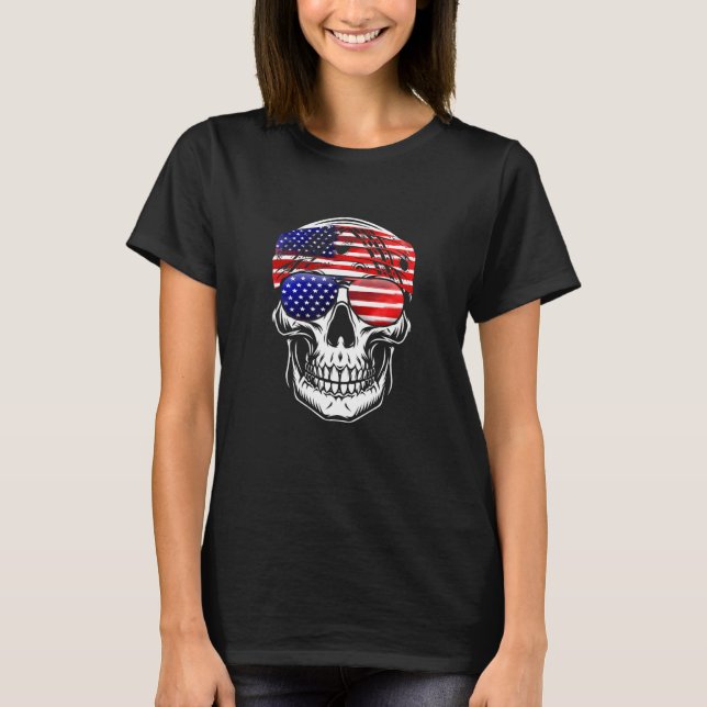 American Flag Skull Usa Flag Head Bandanna Sunglas T-Shirt (Front)