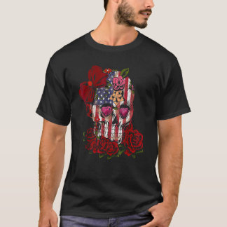 American Flag Skull Wear Bow Rose Flowers T-Shirt