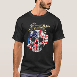 American Flag Skull With Leopard Headband 4th Of J T-Shirt