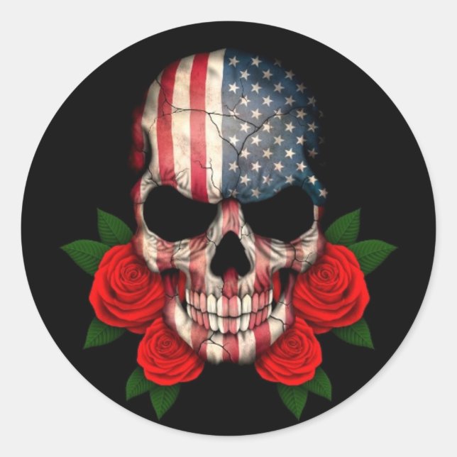 American Flag Skull with Red Roses Classic Round Sticker (Front)