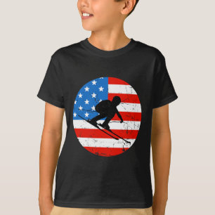 American Flag Snow Ski Alpine Skiing Skier Silhoue T-Shirt