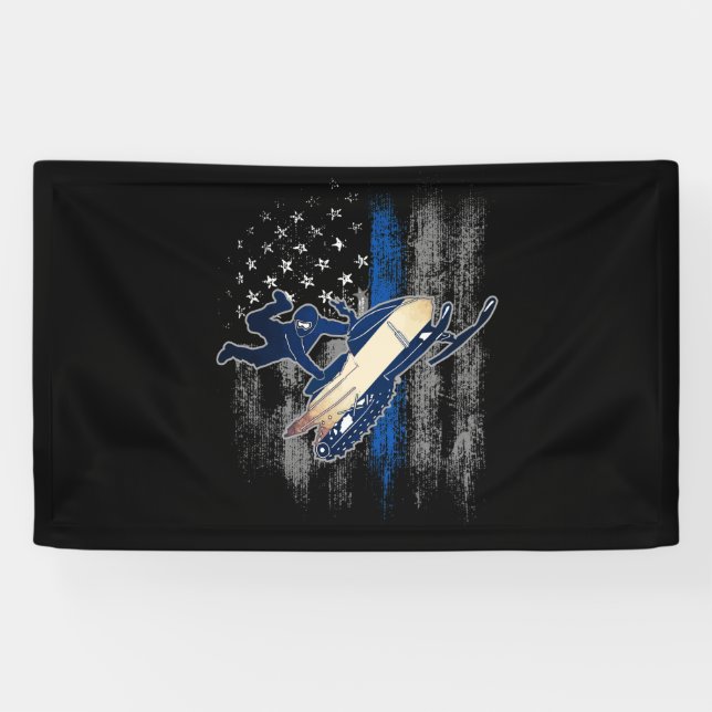 American Flag Snowmobile Blue Line Snowmobile Banner (Horizontal)