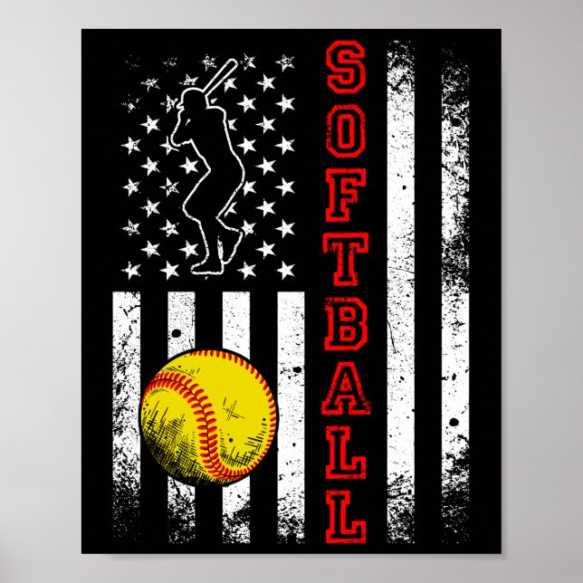 American Flag Softball Team Vintage Funny Poster (Front)