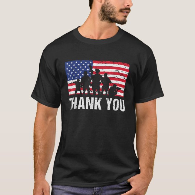 American Flag Soldiers USA Thank You Veterans Prou T-Shirt (Front)