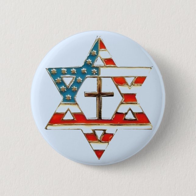 American Flag Star of David With Cross 6 Cm Round Badge (Front)
