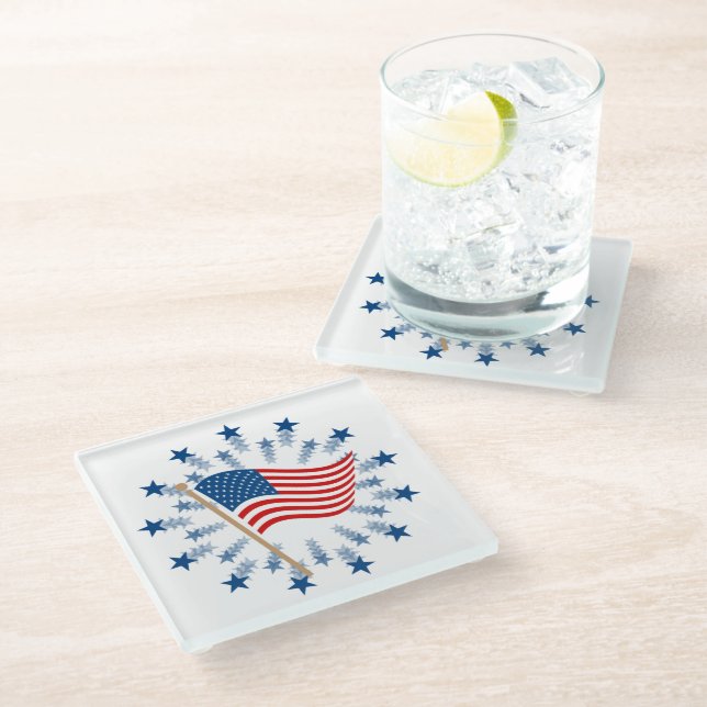 American Flag Starburst Fireworks 4th of July Glass Coaster (Angled)