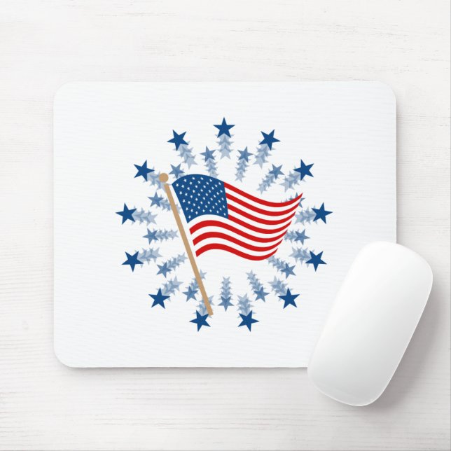 American Flag Starburst Fireworks 4th of July Mouse Mat (With Mouse)